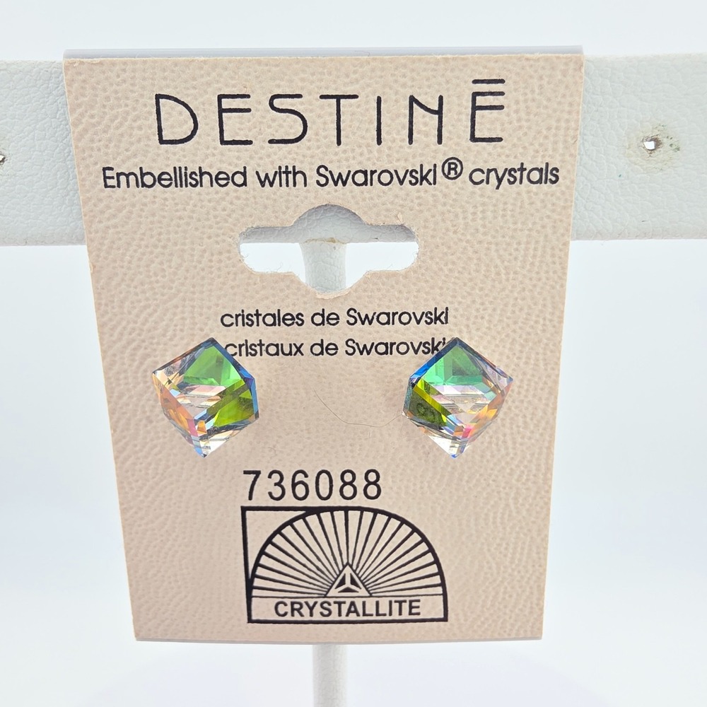 New! DESTINĒ Prismatic Crystal Earrings SWAROVSKI Green Pink Post Stud On Card
